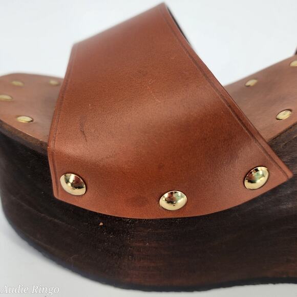 Celine Wooden Platform Wedge Sandals Tan Leather Gold Studs 37 (US 7) - Picture 14 of 17